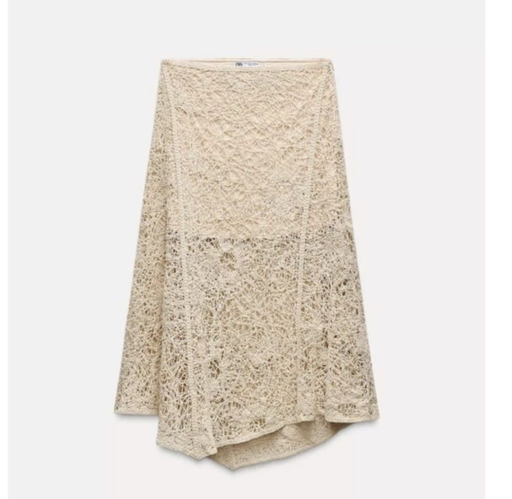 Zara Women's Ivory Crochet Asymmetrical Handkerchief Midi Skirt Medium